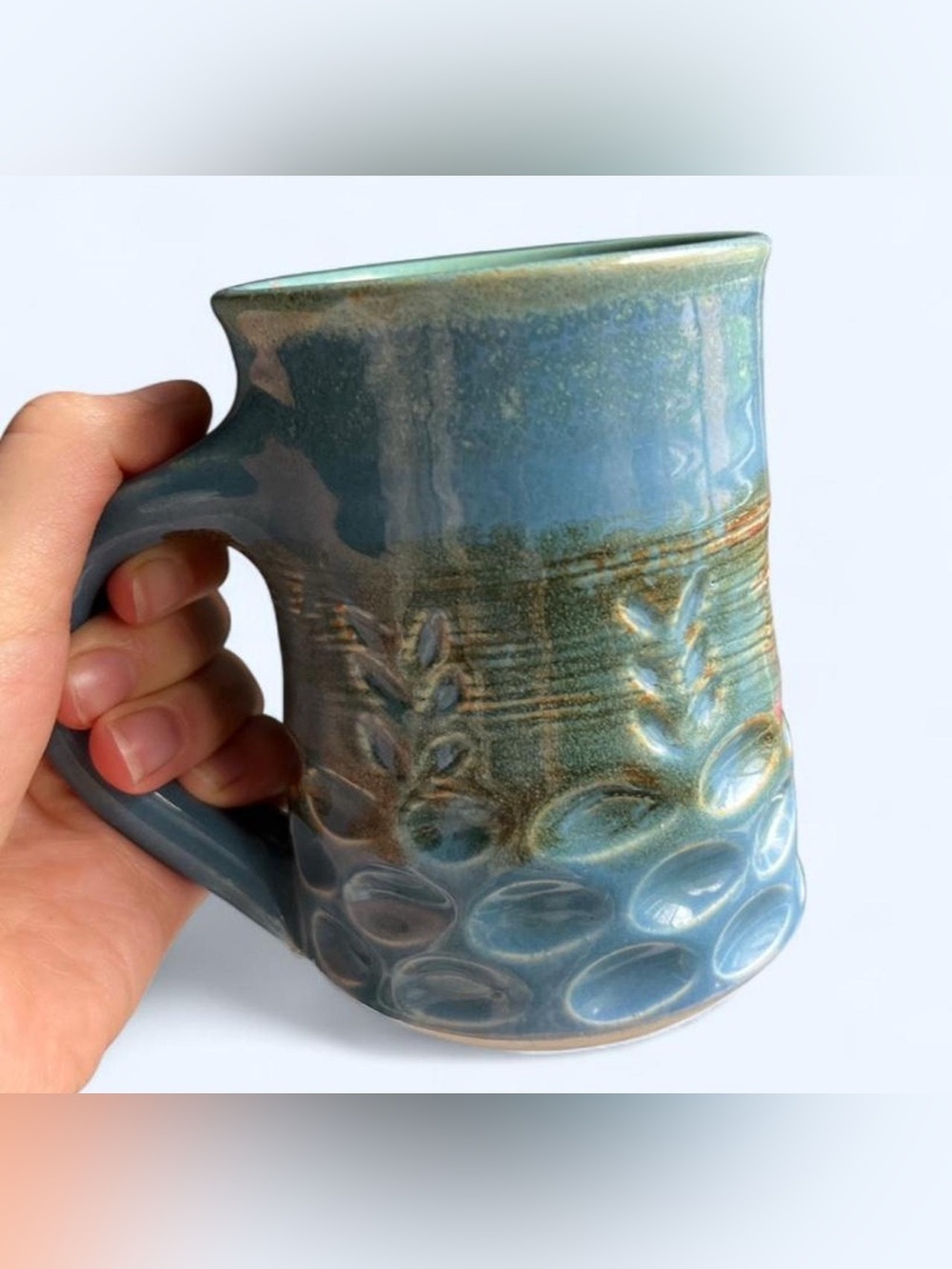 Signed Handmade Green Pottery Mug Leaf Motif Artisan Ceramic Coffee Cup - Picture 6 of 9